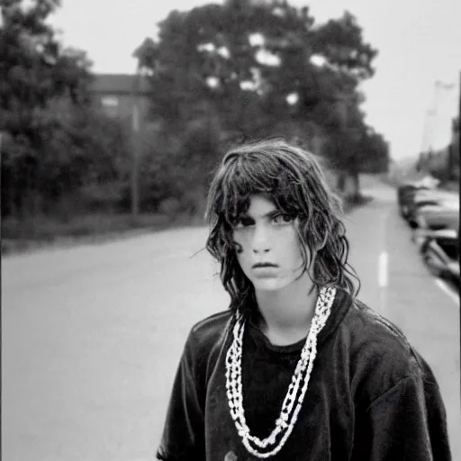 Image similar to a teenage boy, around 1 9 years old with necklace, natural brown hair, loincloth, pale skin. as homeless. detailed face. ominous and eerie looking street in background. natural color. hyperrealistic photo.