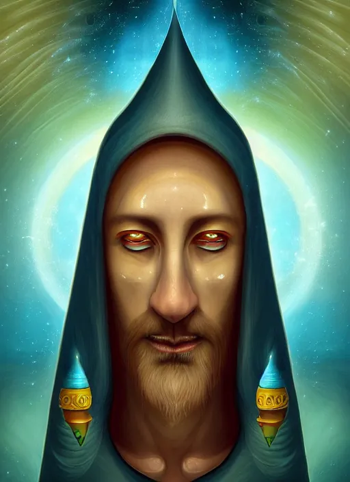 Prompt: matte symmetrical portrait of a wizard of the egyptian tribe revealing the ancient secret of how life entered the cosmos, noble bearing. by hieronymus bosch, cyril rolando, esher and natalie shau, whimsical, profound, impossible. trending on devaintart.