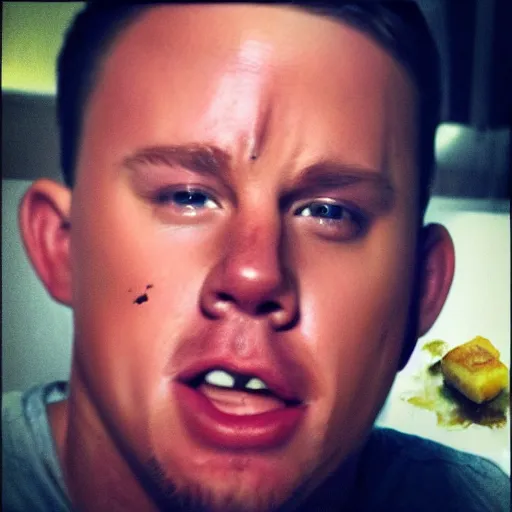 Image similar to channing tatum's face as tater tot on a plate with ketchup, face made from tater tot