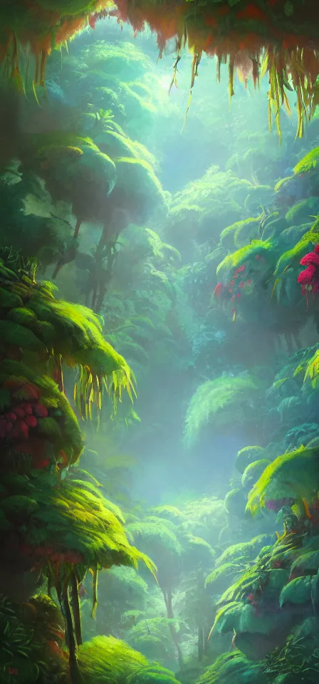 Image similar to smooth stylized flowering cloud forest. gouache painting by the award - winning concept artist, bloom, chiaroscuro, backlighting, depth of field.