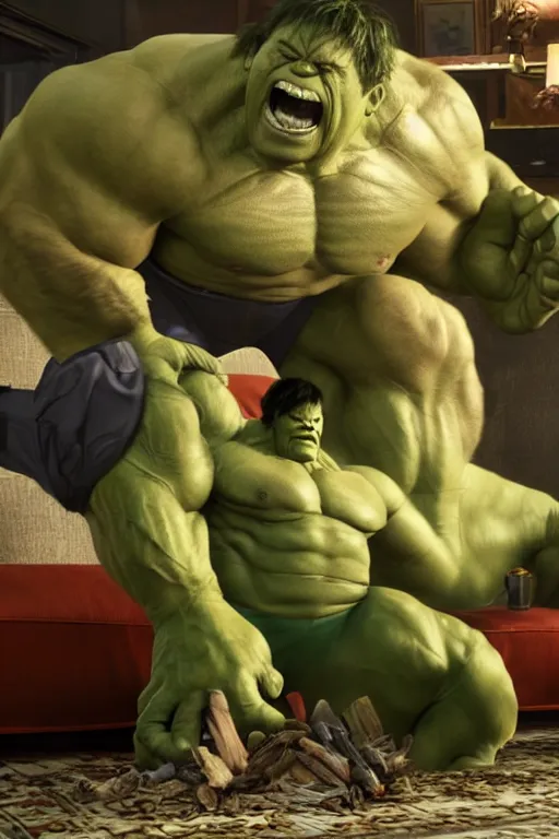 Prompt: Film Still of Hulk on the couch playing Xbox in the new Avengers movie oil on canvas, intricate, portrait, 8k highly professionally detailed, HDR, CGsociety