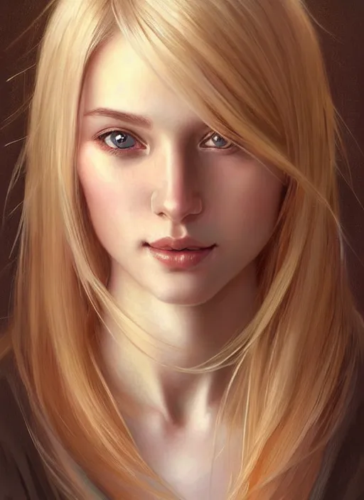 Image similar to beautiful feminine face! portrait of young woman blessed by god with ever - increasing physical mental perfection, blonde hair, symmetrical! intricate, elegant, highly detailed, holy perfection!! smile, feminine features, digital painting, artstation, concept art, smooth, sharp focus, illustration, art by artgerm and greg rutkowski and alphonse mucha