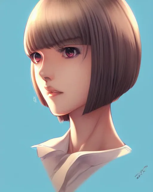 Image similar to a female student with a bob cut hair style. beautiful shadowing. art by Artgerm and Range Murata.