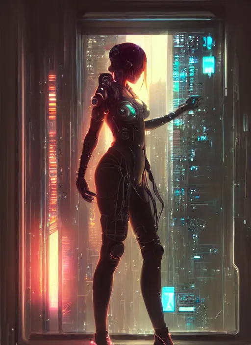 Prompt: art by ross tran, full body portrait of cyberpunk woman looking out of a window, cyberpunk setting, futuristic, highly detailed, intricate lighting, digital painting, sharp focus, illustration, cinematic, trending on artstation, by anna dittmann, karol bak, charlie bowater.