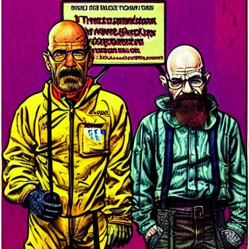 Image similar to The Artwork of R. Crumb and his Cheap Suit Breaking-Bad-Walter-White meth-lab, wearing a bio-hazard suit pencil and colored marker artwork, trailer-trash lifestyle