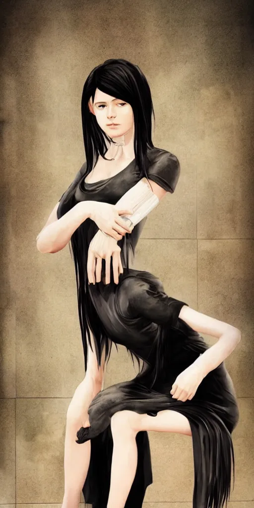 Image similar to photo of lonely young girl with straight long black hair wearing black dress and sitting on bathroom floor, photo made by vanessa beecroft, render by artgem and alphonse mucha for capcom co, resident evil