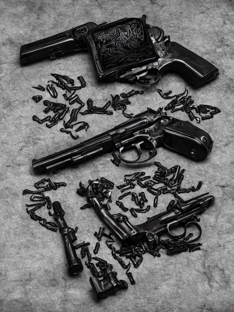 Prompt: carving in dark black steel of machine guns shotguns rifles revolvers bullets, dark vintage pinhole camera, ultrarealistic, intricate details, 4k