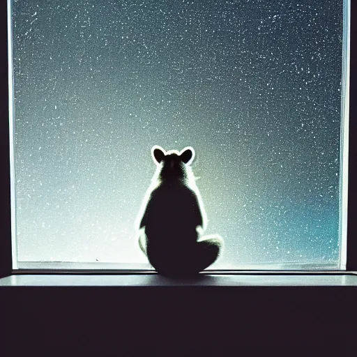 Prompt: photo of racoon wearing a spacesuit looking out window at night, cinestill, 800t, 35mm, full-HD