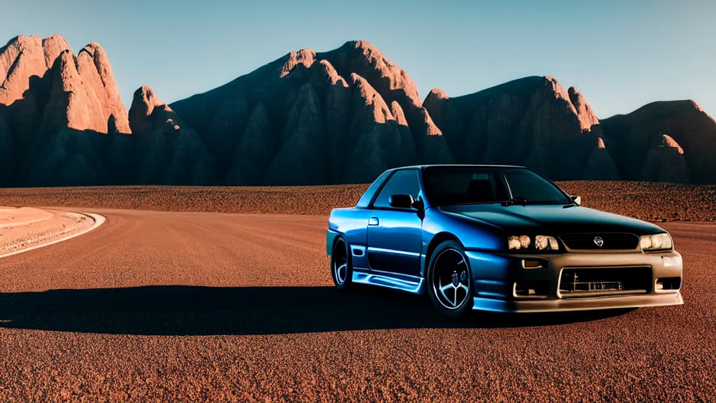 Image similar to three quarter front photo of a stock dark grey nissan r 3 2 skyline gtr on a road in a desert with a mountain in the background in the early morning, car photography, zoom lens, blue hour, photorealistic