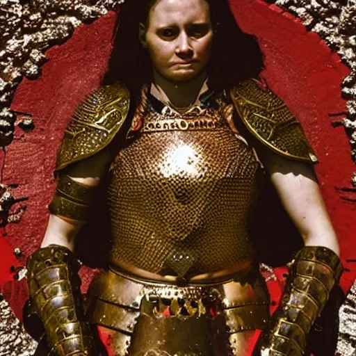 Prompt: photo of a female warrior with ruby encrusted armour