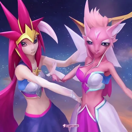 Image similar to star guardian xayah and star guardian kai'sa!!!!!!!!!! friends together, league of legends, star guardian xayah, star guardian kai'sa, hyperrealistic, realistic, high definition, by weta digital, 3 - dimensional, realistic