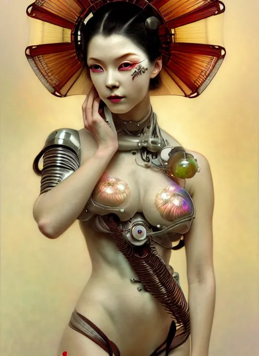 Prompt: organic Geisha cyborg, translucent pearlescent skin, diffuse lighting, fantasy, intricate, elegant, highly detailed, lifelike, photorealistic, digital painting, artstation, illustration, concept art, smooth, sharp focus, art by John Collier and Albert Aublet and Krenz Cushart and Artem Demura and Alphonse Mucha