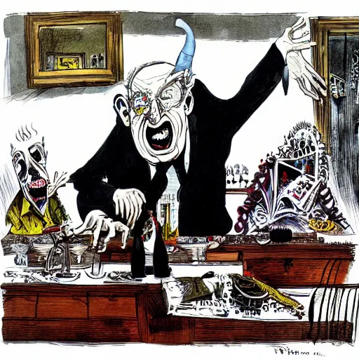 Image similar to faustian bargain, art by ralph steadman