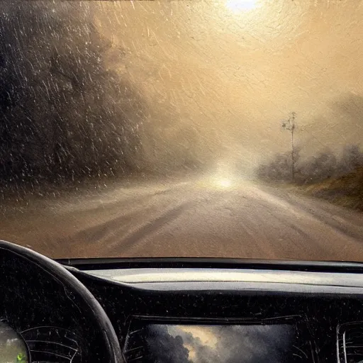 Image similar to window view from a car on a long country road late at night during a storm, heavy fog, extremely detailed oil painting, highly detailed, abstract, deep aesthetic, 8 k, highly ornate intricate details, cinematic lighting, rich colors, digital artwork, beautiful scenic view, ray tracing, hyperrealistic, photorealistic, cinematic landscape, trending on artstation, concept art,