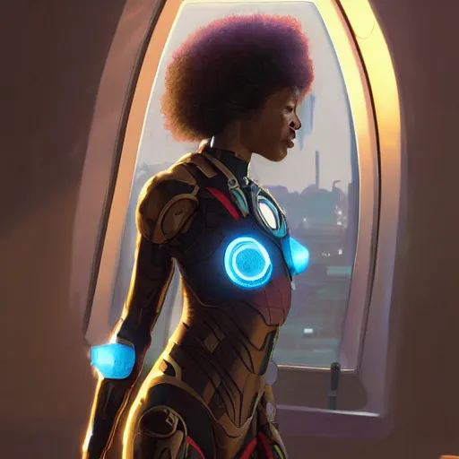 Prompt: highly detailed an african american woman in with the ironman suit from the future gta v, stephen bliss, unreal engine, fantasy art by greg rutkowski, loish, rhads, ferdinand knab, makoto shinkai and lois van baarle, ilya kuvshinov, rossdraws, tom bagshaw, global illumination, radiant light, detailed and intricate environment