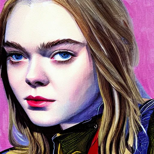 Prompt: professional painting of Elle Fanning in the style of Alan Davis, head and shoulders portrait, symmetrical facial features, smooth, sharp focus, illustration, intricate, stormy weather, extremely detailed masterpiece,