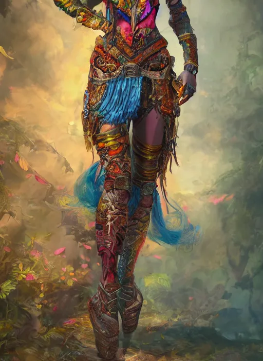 Prompt: detailed full body concept art illustration colorful oil painting of a hunter goddess in full intricate colorful clothing, ultra detailed, digital art, octane render, 4k