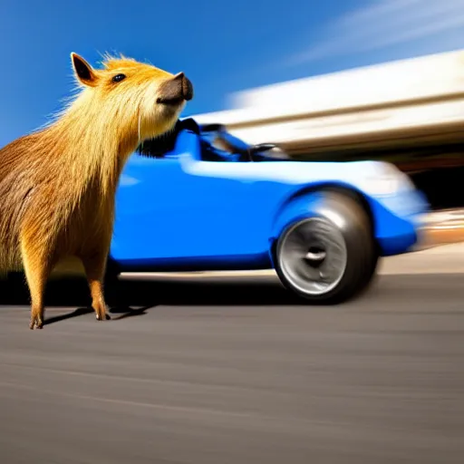 Image similar to A highly detailed photograph of a capybara driving a blue convertible sports car at high speeds