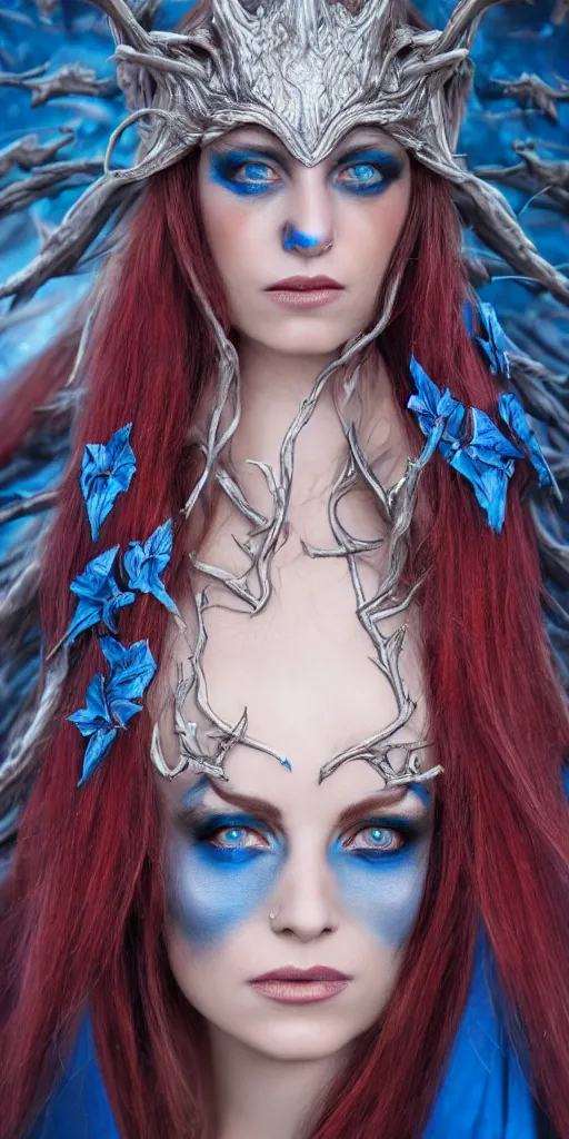 Image similar to A detailed portrait of a elven sorceress with red and blue eyes trending on artstation by Peter Kemp and Monia Merlo