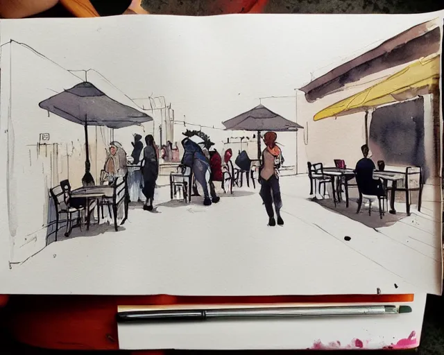 Prompt: a coffee shop smooth light color watercolor pen by ricardo robles trending on artstation