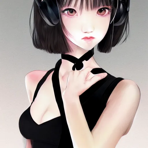 Prompt: realistic detailed semirealism beautiful gorgeous natural cute excited happy Blackpink Lalisa Manoban black hair black cat ears, wearing white camisole outfit, headphones, black leather choker artwork drawn full HD 4K high resolution quality artstyle professional artists WLOP, Aztodio, Taejune Kim, Guweiz, Pixiv, Instagram, Artstation