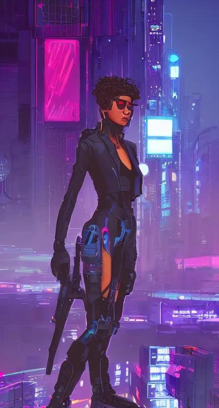 Image similar to zendaya as a cyberpunk hero standing on the rooftop of cybertown, art poster, full body, t - pose, character design, ambient lighting, 4 k, lois van baarle, ilya kuvshinov, rossdraws, alphonse mucha, jung gi kim, dylan kowalsk, artstation