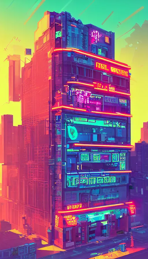 Image similar to a drawing of a building with a neon sign on top of it, cyberpunk art by james gilleard, behance contest winner, pixel art, voxel art, # pixelart, retrowave