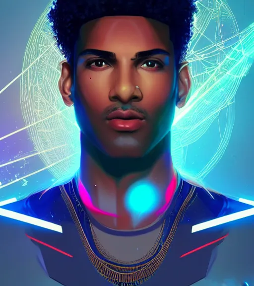 Image similar to symmetry!! egyptian prince of technology, solid cube of light, hard edges, product render retro - futuristic poster scifi, lasers and neon circuits, brown skin man egyptian prince, intricate, elegant, highly detailed, digital painting, artstation, concept art, smooth, sharp focus, illustration, dreamlike, art by artgerm