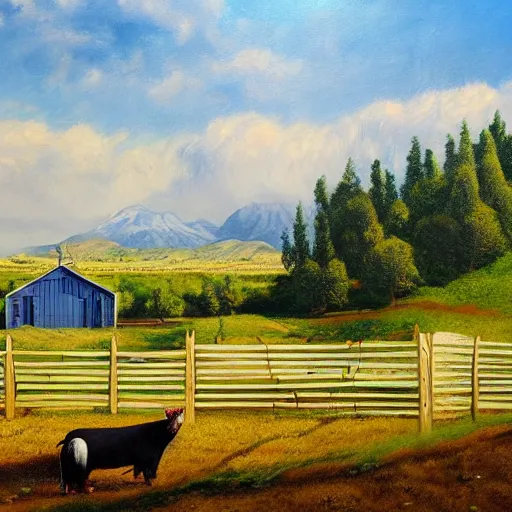 Prompt: breathtaking detailed painting of a farm, three story blue century home, fenced in kunekune pig farm, rolling mountains in the distance, beautiful sunny day, 4k, artstation