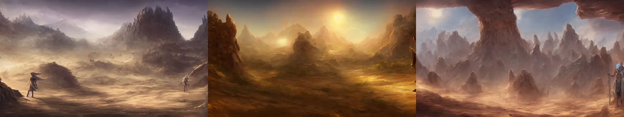 Prompt: landscape, a mage pharaoh is wandering the desert. fantasy, digital painting, hd, detailed.