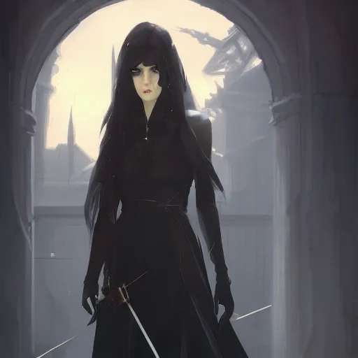 Image similar to female human vampire witch in the style of greg rutkowski, makoto shinkai, trending on artstation, character design, concept art, pretty face, highly detailed, long black hair, portrait, digital art