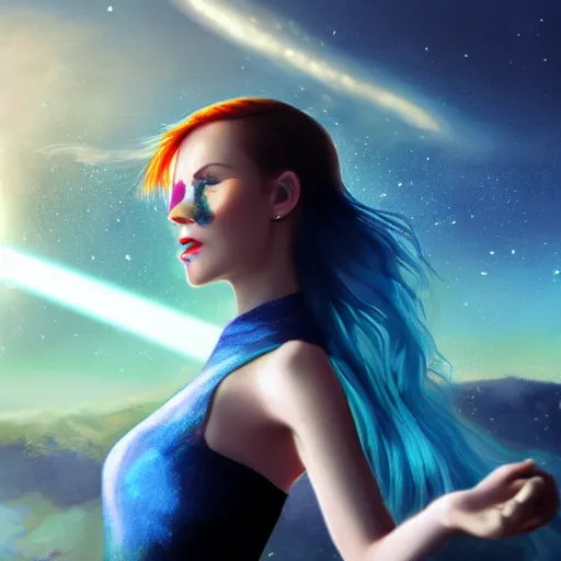 Image similar to side portrait of a beautiful tattoed redhead woman carrying a laser gun, a planet in the background. blue dress, light iridescent hair color, long windy hair style, fantasy, intricate, sharp focus, lens flare, bloom, rim light, illustration, highly detailed, digital painting, concept art, matte, art by ruan jia