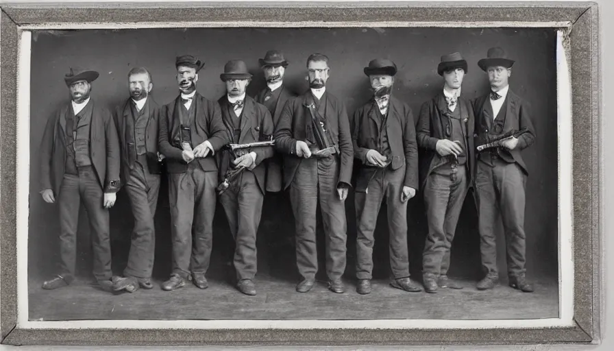 Prompt: photo of group 19th century gangsters with guns by Diane Arbus and Louis Daguerre