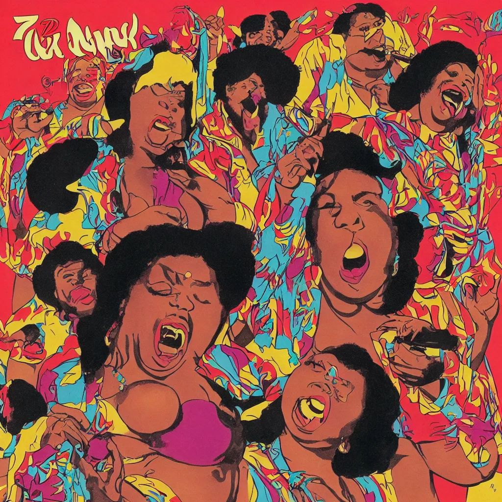 Prompt: 7 0's funk music album cover depicting a voluptuous big bad mama singing her heart out with a very funky funk band in the background