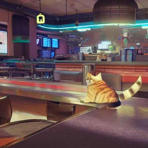 Prompt: in a futuristic cyberpunk city, a cat wearing a backpack sleeps on a counter at a diner, cgisociety, unreal engine, render, atmospheric,