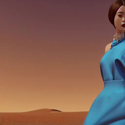 Image similar to innovative avant-garde art, deco fashion, asian women, wearing sky blue dress, highly detailed, photorealistic portrait, serene desert setting, golden hour, crisp quality and light reflections, unreal engine 5 quality render, 4k, by Rei Kawakubo