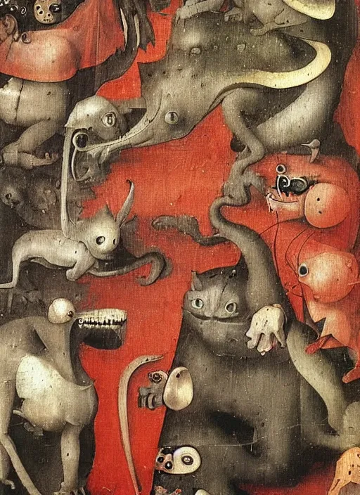 Prompt: red devil monster cat, Medieval painting by Hieronymus Bosch, Florence