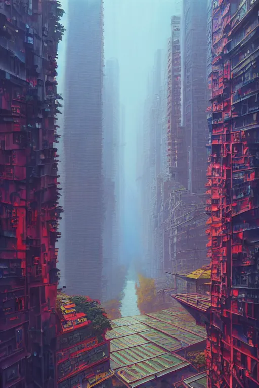 Image similar to downtown hong kong in a redwood solar punk vision, oil on canvas by klaus burgle, simon stalenhag, ultra - realistic 3 d depth shading