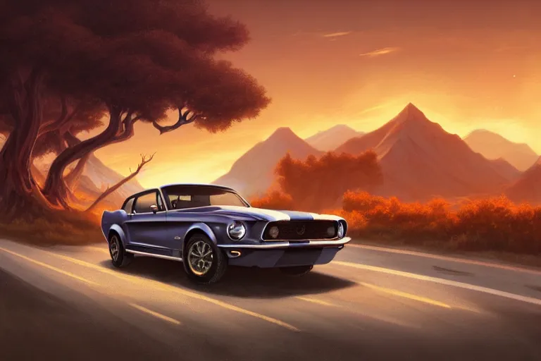 Image similar to a 1 9 6 8 mustang driving down a long country road, coriolios rpg art style, full of details, warm sunset colors, matte painting, artstation, 8 k, hyperrealistic, style of peter mohrbacher, album cover, extreme long shot, mountains, panoramic, wide shot