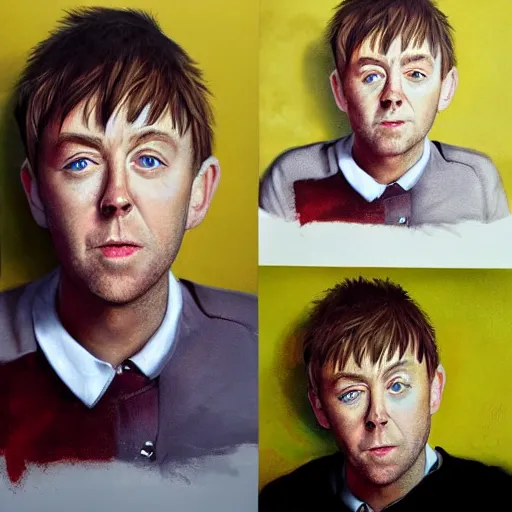 Image similar to Caricature portraits done of a Young Damon Albarn, realistic, hyperrealistic, very realistic, highly detailed, very detailed, extremely detailed, detailed, oil painting, digital art, trending on artstation