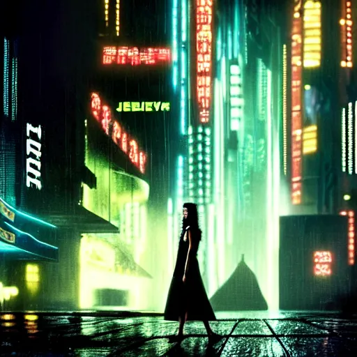 Prompt: jennifer connelly starring in a cyberpunk movie in a distopic futuristic city in the style of bladerunner, movie still, highly detailed, rainy night, volumetric lights, dramatic, scifi