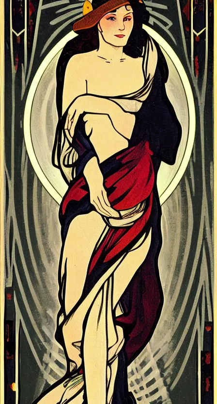 Image similar to a tarot card that depicts a person carrying a hobo sack walking off a cliff, illustrated in an art deco style by tamara de lempika and an elegant border by alphonse mucha. | studio lighting | digital painting, stunning lighting, trending on artstation