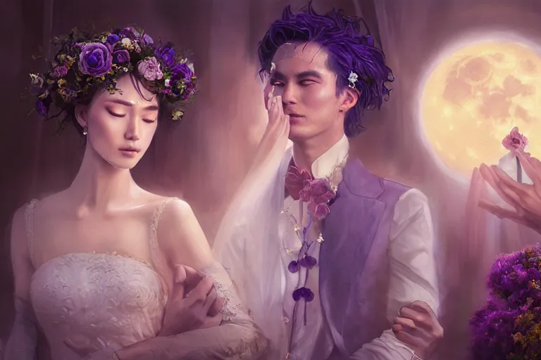 Image similar to a dreamlike cinematic portrait of wedding photograph close up moment of a divine a russia sun god and moon goddess lovers magician at a wedding banquet. portraiture. digital painting. artstation. concept art. fantasy wedding photo. digital painting, 8 k realistic, hyper detailed, violet evergarden art masterpiece by art by krenz cushart