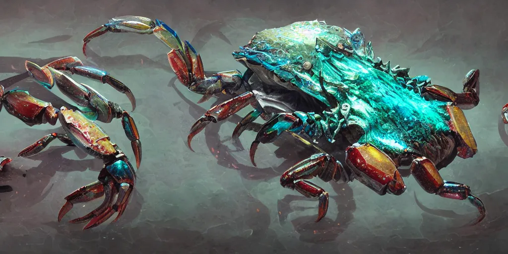 Image similar to Iridescent crab seamonster, character design sheet, Monster Hunter Illustrations art book, diamond sharp claws, huge arms, iridescent shards on its back, Moebius, Greg Rutkowski, Zabrocki, Karlkka, Jayison Devadas, Phuoc Quan, trending on Artstation, 8K, ultra wide angle, zenith view, pincushion lens effect.