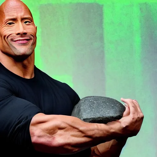 Prompt: dwayne johnson holding a rock