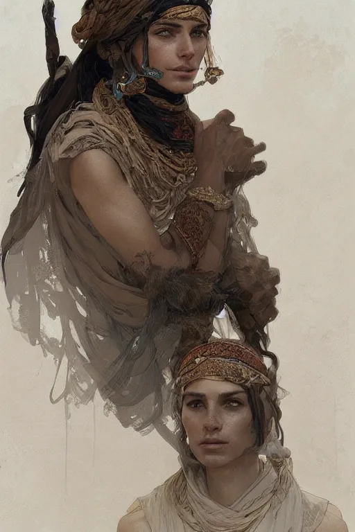 Prompt: A full portrait of an ancient Bedouin scout, intricate, elegant, highly detailed, digital painting, artstation, concept art, smooth, sharp focus, illustration, art by Krenz Cushart and Artem Demura and alphonse mucha