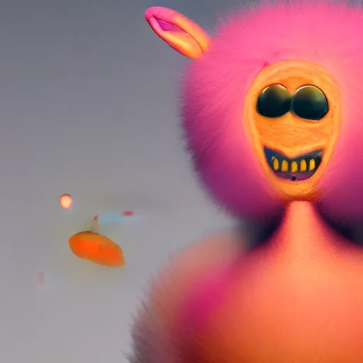 Image similar to an alien with a face that looks like a fuzzy peach the peach is fuzzy pink warm and ripe the alien has horns and a mean smile, 4k, highly detailed, high quality, amazing, high particle effects, glowing, majestic, soft lighting