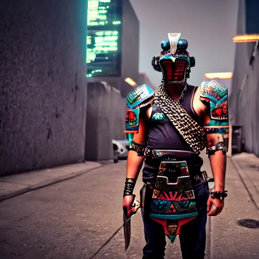 Prompt: photo of a real-life cyberpunk aztec warrior