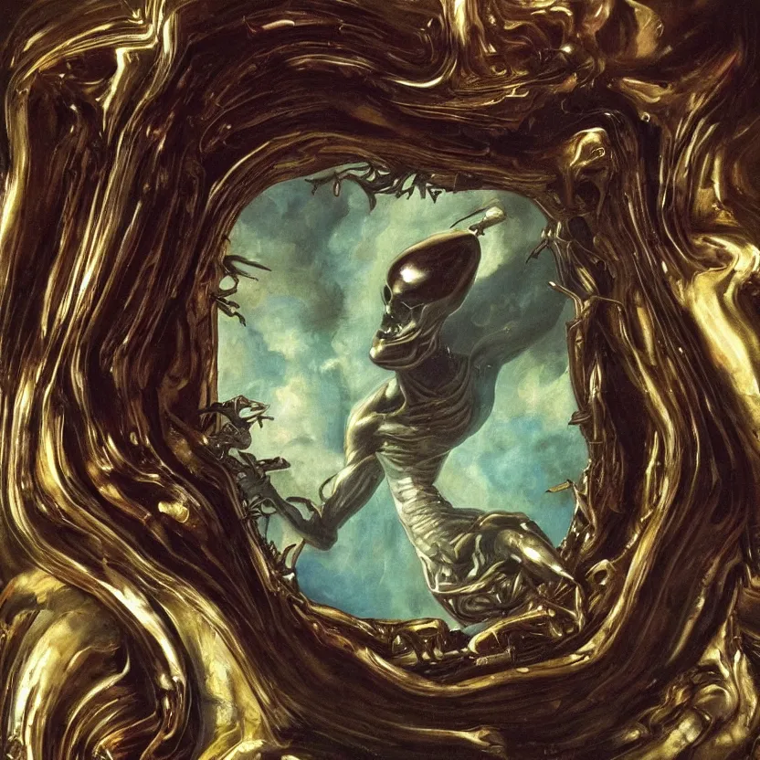 Prompt: an alien reaching through a framed painting, pulp sci - fi art. high contrast. baroque period, oil on canvas. renaissance masterpiece