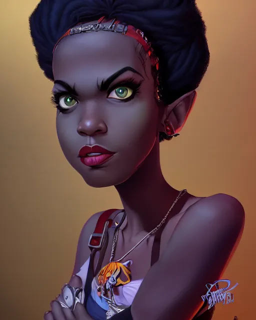 Image similar to punk rock dark - skinned young woman character portrait, by don bluth, sci - fi environment, highly detailed, dynamic shadows, 4 k, wallpaper - 1 0 2 4